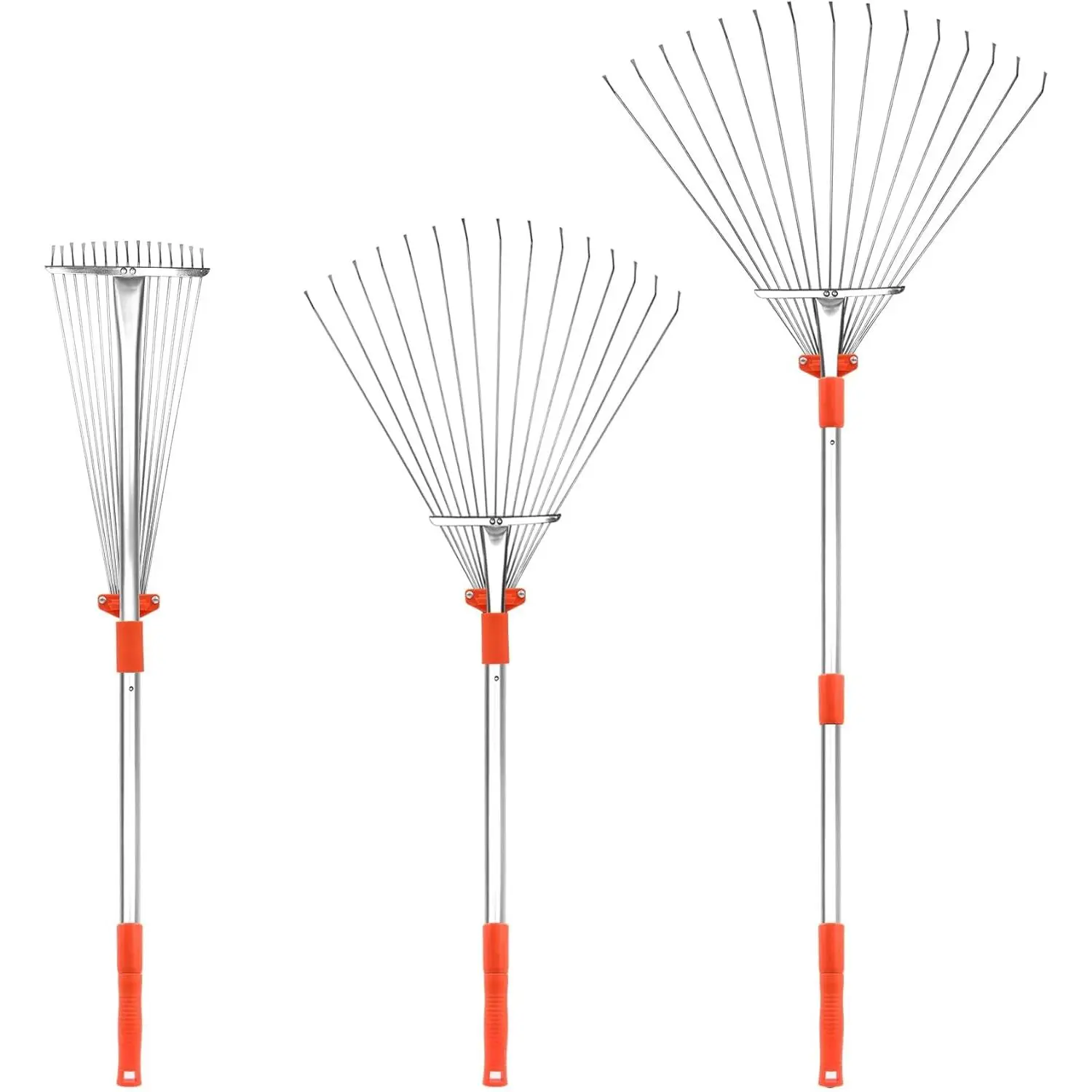 Buyplus Adjustable Garden Leaf Rake - 24 to 63 Inch Telescopic Metal Expandable Folding Leaves Rake for Lawn Yard, Flowers Beds, Orange