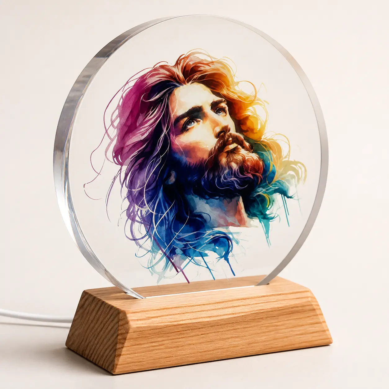 Jesus Portrait Glass Night Light with Faux Wood-Style LED Base, Warm Glow Christian Home Decor, Religious Faith Gift for Bedroom, Prayer Room & Family