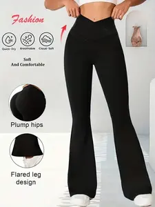 High-Waisted Butt-Lifting Flare Pants, All-Season Full-Length, Cross Design, Tummy Control, Casual, Yoga & Daily Wear