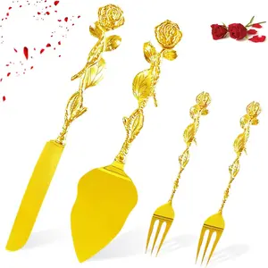 4 PCS Gold Wedding Cake Knife and Server Set Elegant Cake Cutting Set with Forks Rose-Engraved Handles for Wedding Anniversary Bride and Groom