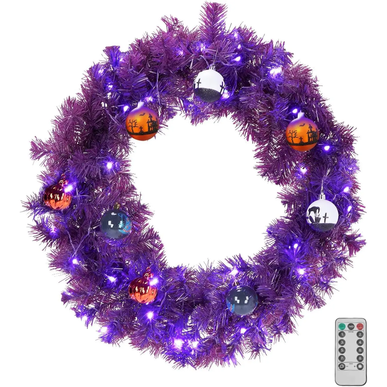 Ubesgoo  24in Pre-lit Halloween-Themed Christmas Wreath, Lighted Artificial Xmas Wreath with 50 Purple & Orange Lights and 100 PVC Tips and DIY Ball Ornaments, for Front Door Gate Wall Xmas Party Decorations,