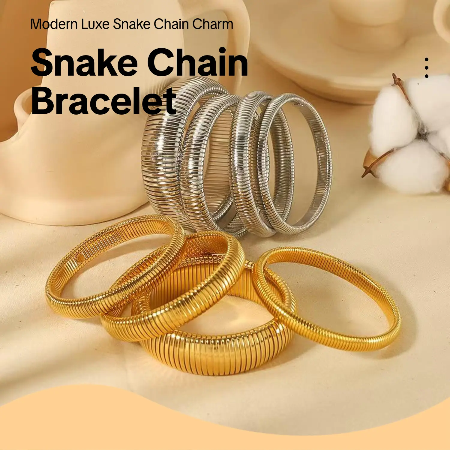 Premium Stainless Steel Snake Chain Bracelet - Trendy Stack Bangle, Minimalist Smooth Wrap Adjustable, Luxury Bracelets & Bangles for Men & Women, Everyday Wear Elegant Jewelry