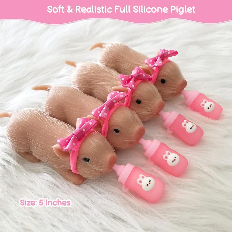 VOLOBE 5 Inches Silicone Piglet, Soft Mini Realistic Piggy Toy, Gift Box with Silicone Piglet Accessories, Kids Lifelike Reborn Doll(Dora)