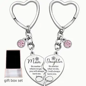 Mother-daughter heart-shaped keychain set with pink diamond pendant, Mother's Day exclusive gift box set.