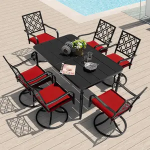 7PCS Metal Patio Dining Set with Umbrella Hole, Swivel Chairs with Cushions
