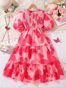 Girl's Shirred A Line Dress, Elegant Short Sleeve Round Neck Dress for Party Holiday Wedding Guest, Kids Summer Clothes