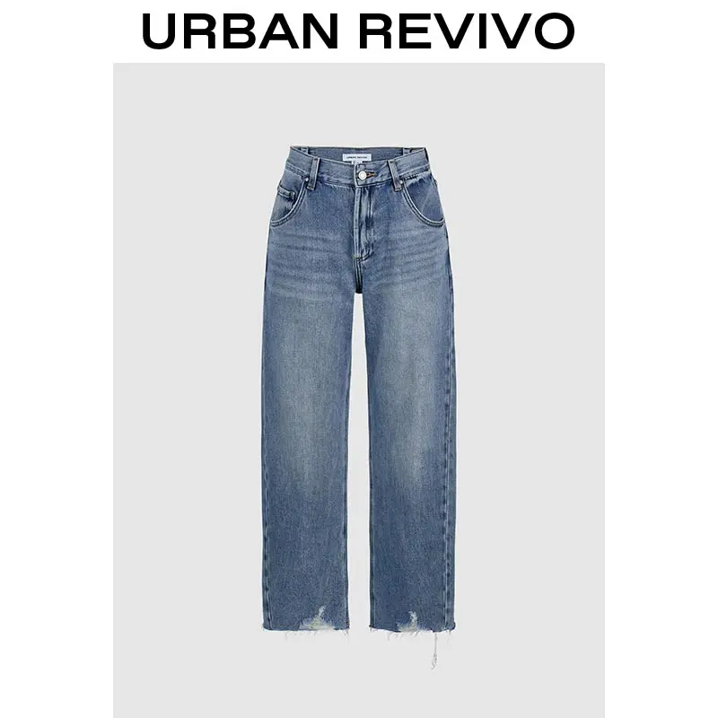 URBAN REVIVO Women's Fitted Mid-Waist Jeans, Minimalist Washed Denim Streetwear Pants for Elevated Basics