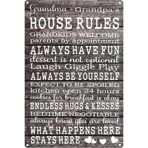 Grandma Grandpa's House Rules Metal Sign Vintage Tin Poster Aluminum Sign Wall Décor Retro Plaquefor Home Bedroom Kitchen Decor Gifts 12x16 Inch