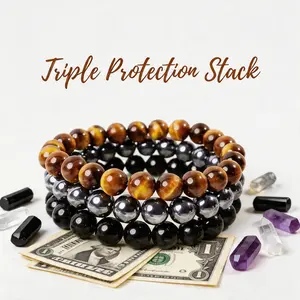 Triple Protection Bracelet Set: Tiger's Eye, Obsidian, Amethyst, Apatite, Rose Quartz, Hematite. Unisex healing crystal jewelry for emotional balance & energy shield. Perfect gift. ️ #CrystalHealing #ProtectionJewelry