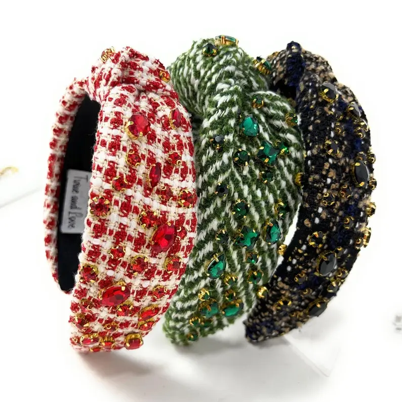 Elegant Custom Handmade Tweed Knot Headbands for Women - Black, Red, Classic White - Winter Statement Accessory for Versatile Outfits