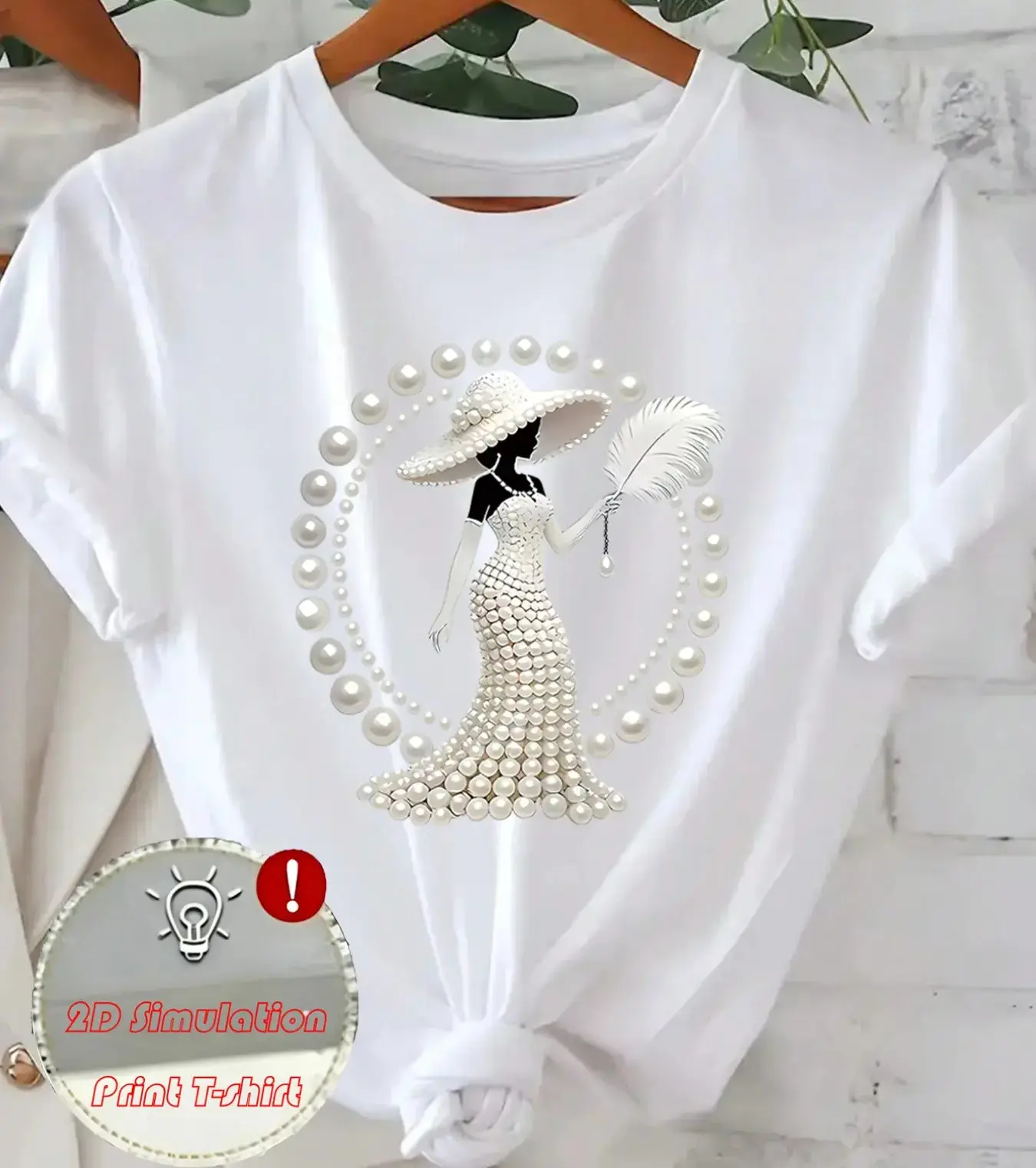 Women's Cotton Fabric Unisex Apparel Elegant Pearl Pattern Print T-Shirt Top, Round Neck, Short Sleeve, Soft, Breathable, All-Season Comfort