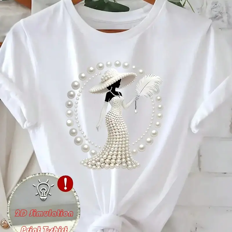 Women's Classic Cotton Short-Sleeve Printed T-Shirt - Round Neck, Elegant Pearl Graphic, Soft, Breathable, Stylish Tops for Women, Everyday Casual All-Season Apparel