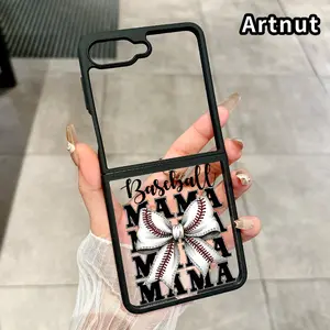 Baseball Mama Bow Pattern Phone Case for Z Flip 7/6/5/4 Silicone TPU Folding Phone Case with Central Axis Protection and Full Lens Coverage