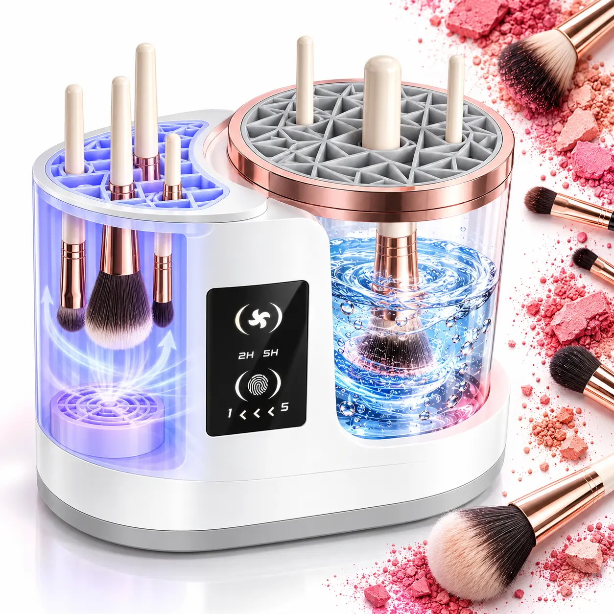 3-in-1 Electric Makeup Brush Cleaner & Dryer, Automatic Dual-Direction Washing Machine with Air Drying & Built-In Storage for Foundation, Blush, Powder Brushes (Party Supplies Gift)