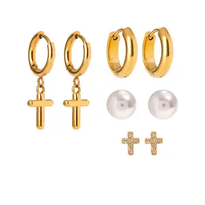 Tenth Motif 4 Pairs Gold Hoop & Stud Earring Set - Waterproof Hypoallergenic Stainless Steel Cross Pearl Earrings For Ear Stacking