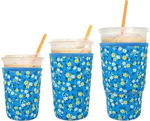3 Pack  Iced Coffee Sleeves -  Insulator Sleeve for Cold Beverages, Neoprene Coffee Cup Holder (Floral 02)