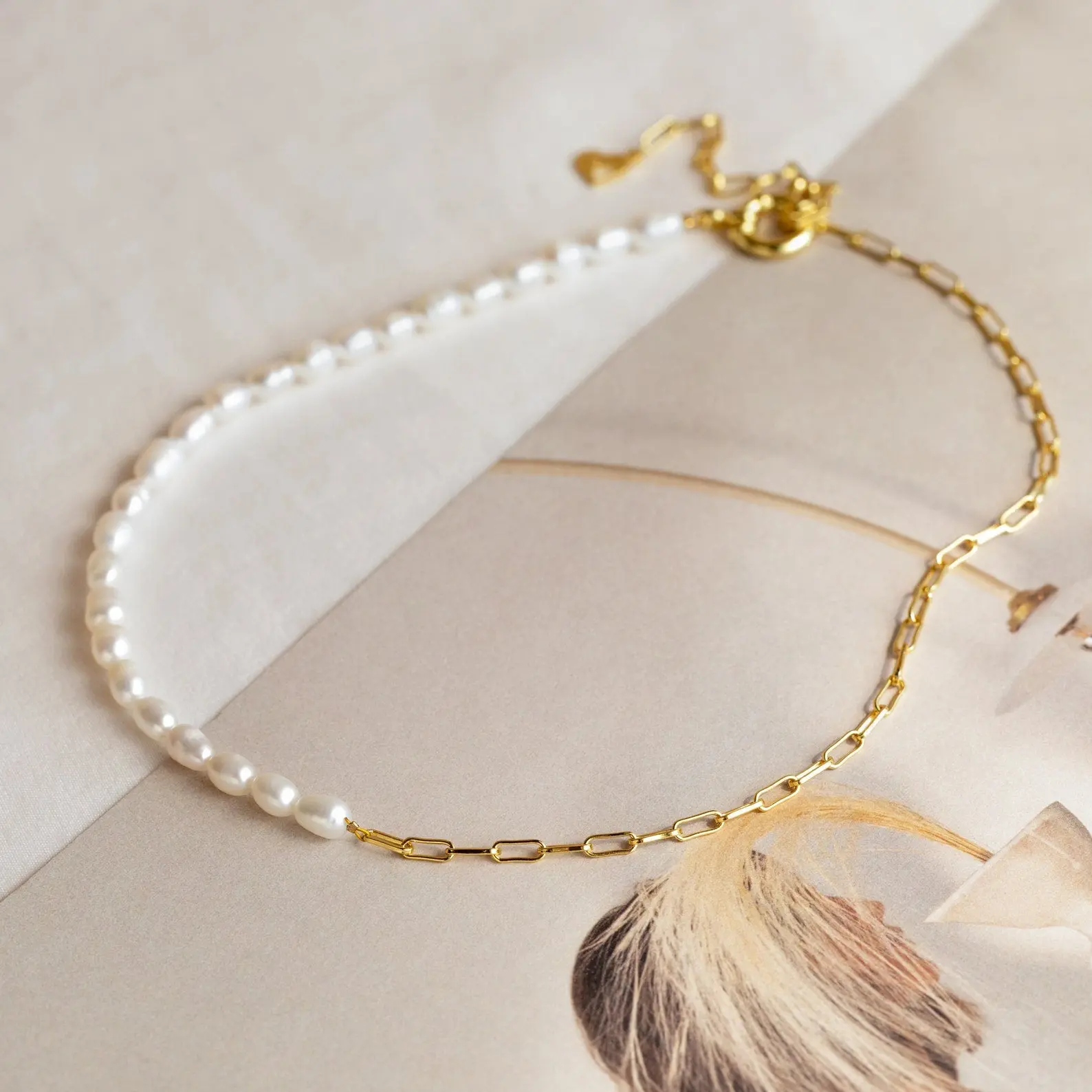 Pearl & Paperclip Chain Necklace by Caitlyn Minimalist - Beaded Half Pearl Choker Necklace - Trendy Statement Jewelry - Gift for Daughter