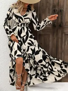 CHENGDEFA Women's All Over Print Flounce Sleeve Shirred A Line Dress, Boho V Neck Long Sleeve Dress for Spring & Fall, Women's Clothing for Beach Holiday Vacation