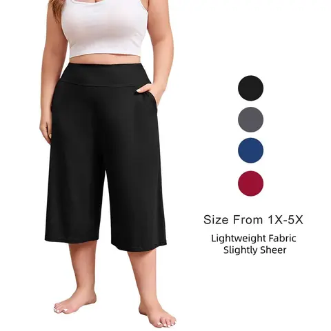 【Limited Sizes Clearance】FEREMO Lady's Plus Size Light Breathable Slightly Sheer Wide Leg Capri Pajama Pants - Basic Style Comfortable Loungewear with Matching Accessories