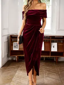 Women's Velvet Waist Evening Gown, Split Long Dress Tail Design One Shoulder Formal Party Dress, Elegant Ballgown for Special Occasions