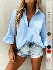 Casual Minimalist Fashion 3/4 Sleeve Button Neck Shirt, Simple Pleated 3/4 Sleeve Shirt, Women's Spring Top