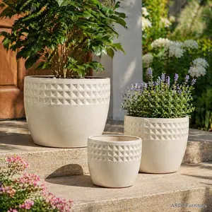 Handcrafted 3-Piece ARCH Ceramic Flower Pot Set, 15/12/9 in Diameter, White Diamond Pattern, Breathable Clay, for Succulents, Indoor/Outdoor Use on Windowsill
