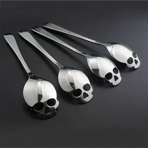 Stainless Steel Skull Head Spoon, 2 Counts Creative Coffee Stirring Dessert Spoon Set, Kitchen Utensils for Home Dining Room Picnic, Halloween