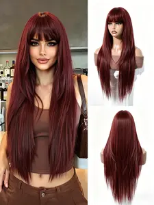 28-Inch Long Straight Wig, Raspberry, Easy to Style, Natural Look, Suitable for All Seasons, Perfect for Daily Wear