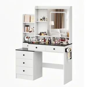 Summervibes LHBCRAFT Modern Multifunctional Vanity Desk with Adjustable LED Mirror, Makeup Vanity with Storage Cabinet and Built-in Charging Station for Bedroom