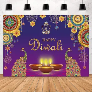 Happy Diwali Backdrop Festival of Lights Decorations Banner Indian Peacock Photography Backdrop