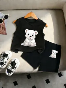 Summer Boys Sleeveless Top + Comfortable Loose Jogger Pants, Cute Bear Print, Breathable Sweat-Wicking, Casual Set, Casual Wear for School & Weekend