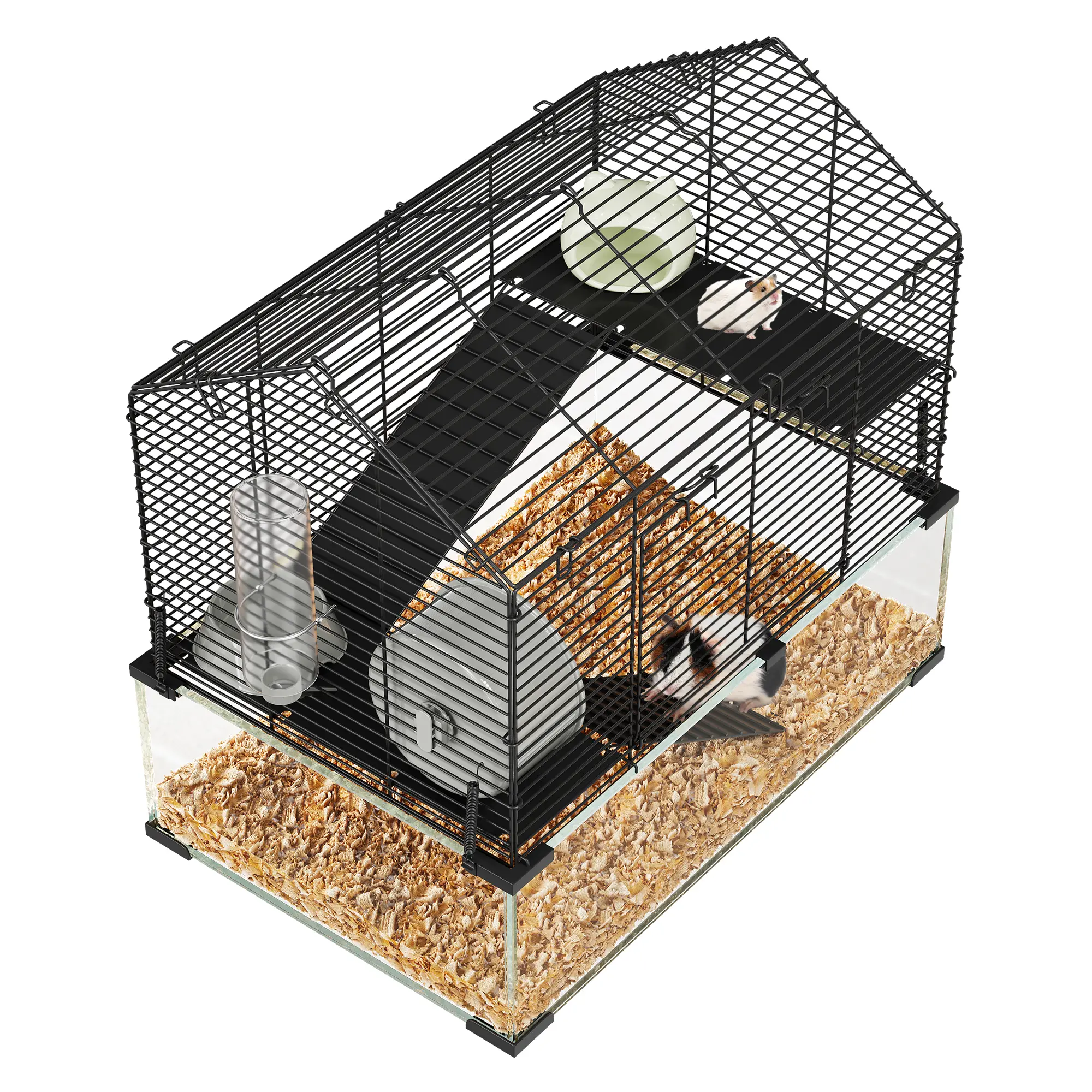 Spacious 3-Tier 23" x 15" x 21" Black Hamster Cage with Deep Tempered Glass Base – Silent Spinner Wheel, Water Bottle & Hut – Ideal Habitat for Syrian, Dwarf Hamsters, Gerbils, Mice & Rats