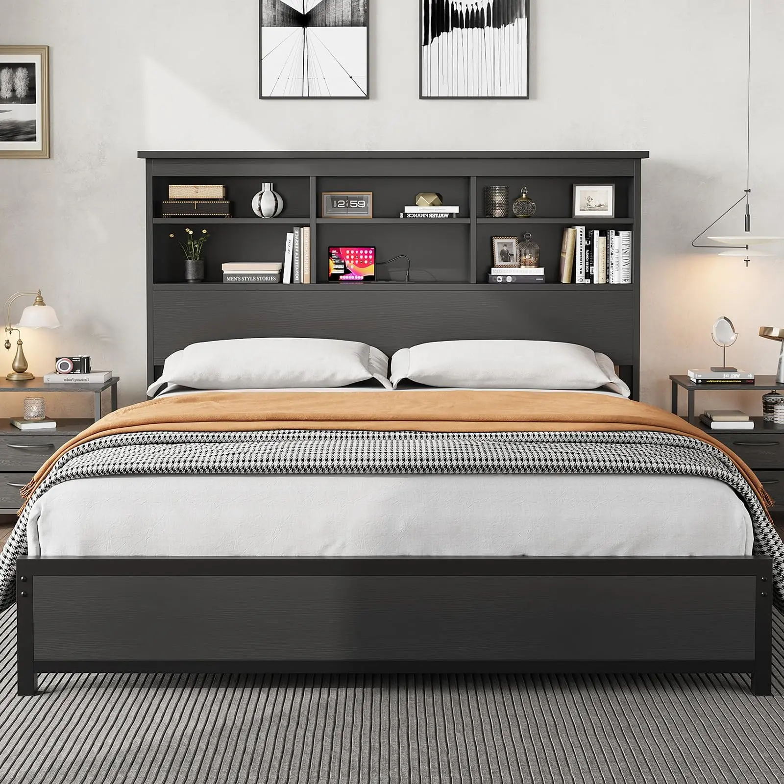 Black King Size Bookcase Platform Storage Bed Frame - 2-Tier Storage Headboard, Charging Station, No Box Spring Needed, Easy Assembly, No Sagging, Non-Slippery Mattress Frame