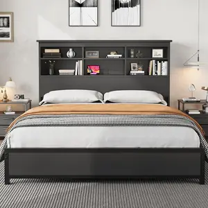 King Size Bookcase Platform Bed Frame with 2 Tier Storage Headboard and Charging Station Easy Assembly No Box Spring Required Mattress Frame Black