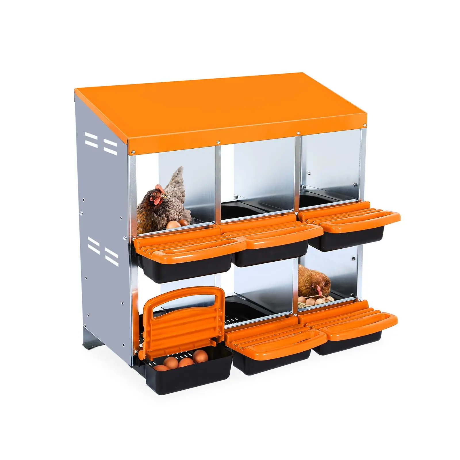 6 Compartment Chicken Nesting Box, Heavy Duty Galvanized Steel Rustproof Laying Box for Hens Ducks, Anti-Peck Rustproof Nest Boxes with Roll Out Egg Tray 31.89 in L x 20.47 in W x 31.1 in H Orange