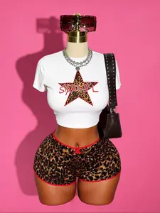 Women's Leopard Print Star Letter Print Round Neck Short Tight-Fit Cropped Casual Womenswear Summer Top, Fashionable Aesthetic Daily Wear & Vacation