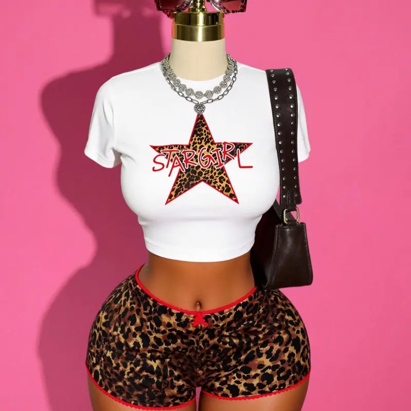 Women's Leopard & Star Letter Print Cropped Short Tee, Round Neck Tight-Fit Summer Top, Aesthetic Graphic T-Shirt for Daily Wear & Vacation, Casual Comfy Tee, Graphic Tees, Womenswear