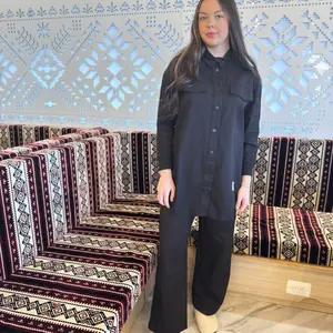 Mysterious Two Piece Set - Stylish Black Button-Up Top & Wide-Leg Pants for Women