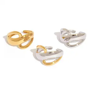 1pc 18K Gold Plated Stainless Steel Geometric Line Open Ring Minimal Trendy Elegant Jewelry for Women Perfect for Casual Outing Evening Party Gift for Girlfriend Mom Friend Gold-Plated Striped Couple Minimalist Stacking