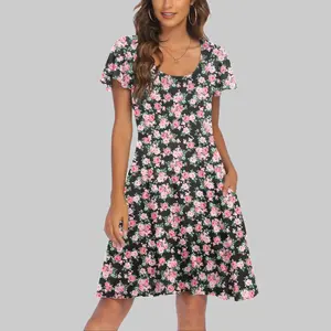 Women's Casual Floral Summer Dress Ruffle Sleeve Crewneck Flowy Swing Mini Dresses with Pockets