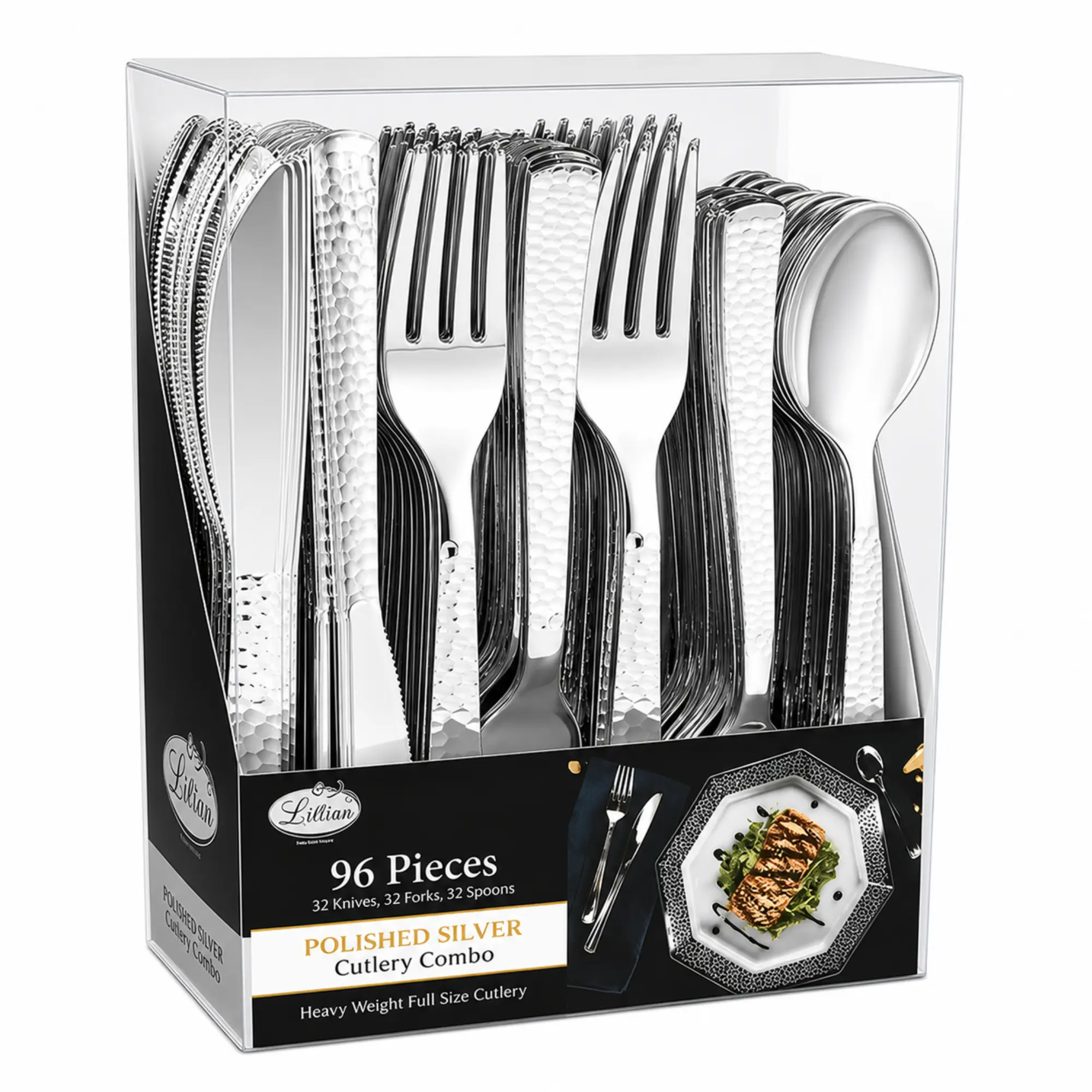 VeZee Lilian Cutlery Hammered Heavyweight Silver Plastic 96 Piece Combo Pack, 32 Knives, 32 Forks & 32 Spoons, Disposable Full Size Party Cutlery Set for Weddings, Catering & Events