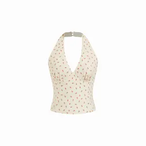 Cider Cotton Cherry Graphic Halter Neckline Backless Top