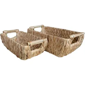 Set 2 Natural Storage Baskets for Organizing, Wicker Cubby Storage Bins, Water Hyancinth Storage Baskets, Rope Woven Baskets for Storage with Carrying Handles Decor