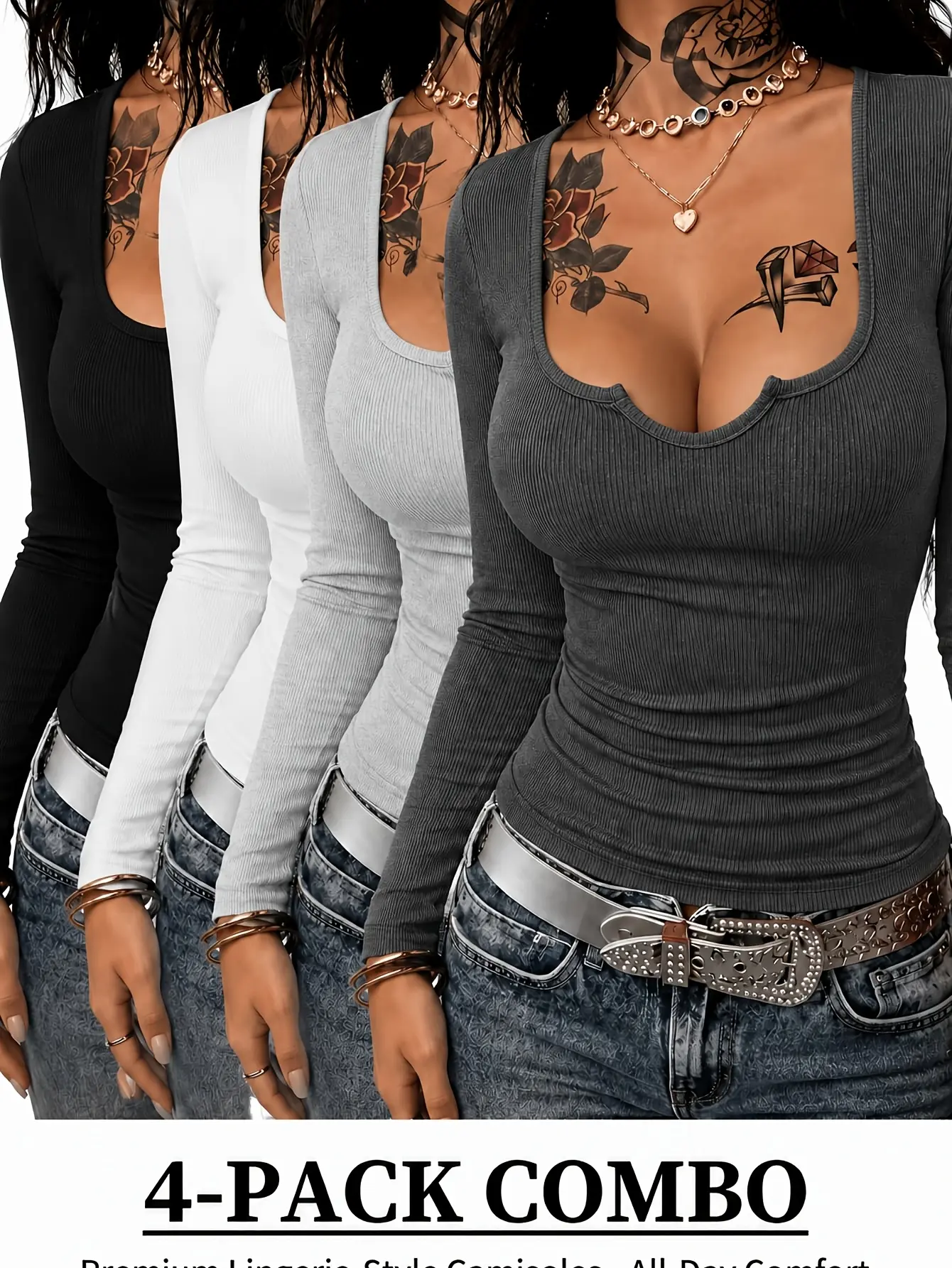 4-piece women's basic long-sleeve slim-fit T-shirt C3626