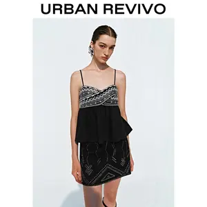 URBAN REVIVO Tribal Print Denim Spaghetti Strap Cami Top UWH850048 - Women's Sleeveless Top, 2025 Casual Versatile Elegant Outfit