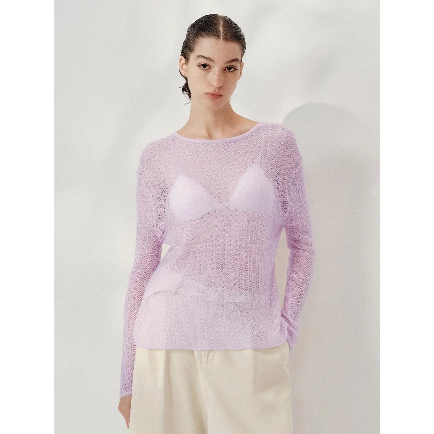 URBAN REVIVO Women's XS Basic Long-Sleeve Button Neck Fitted Color-Block Wool Blend Knit Pullover, Minimalist Sweater