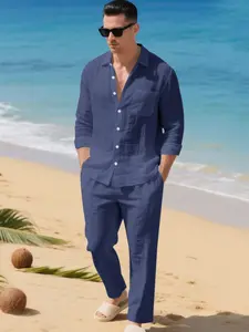 Men's High-Quality Linen Long Sleeve Pants Set, Perfect Beach Vacation, Fashionable Versatile Solid Color Comfortable Breathable Wear, Sizes S-3xl, Clothes