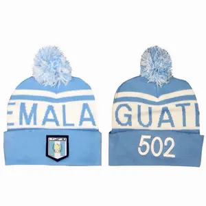 Guatemalla 502 Beanie Hat with Pom-Pom Light Blue and White Striped Design for Men Women