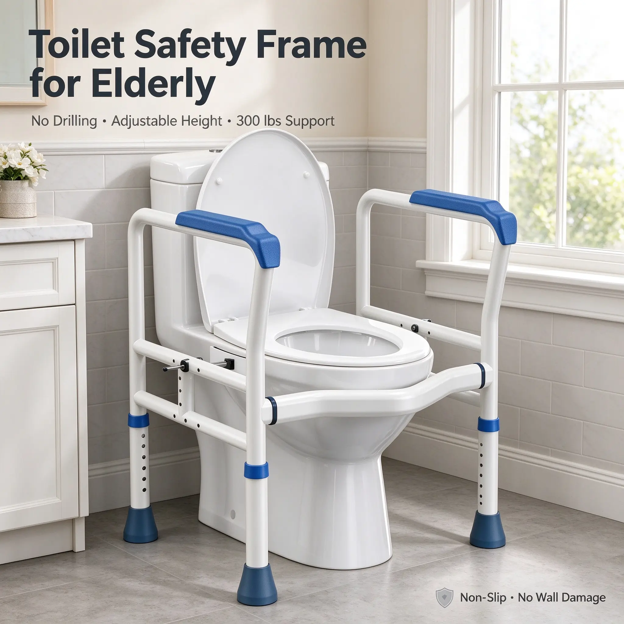 Toilet Safety Grab Bar - No-Drill Adjustable Height & Width Support Bracket, 330lbs Capacity, Fits Most Models, Designed for Seniors & Mobility-Impaired Individuals