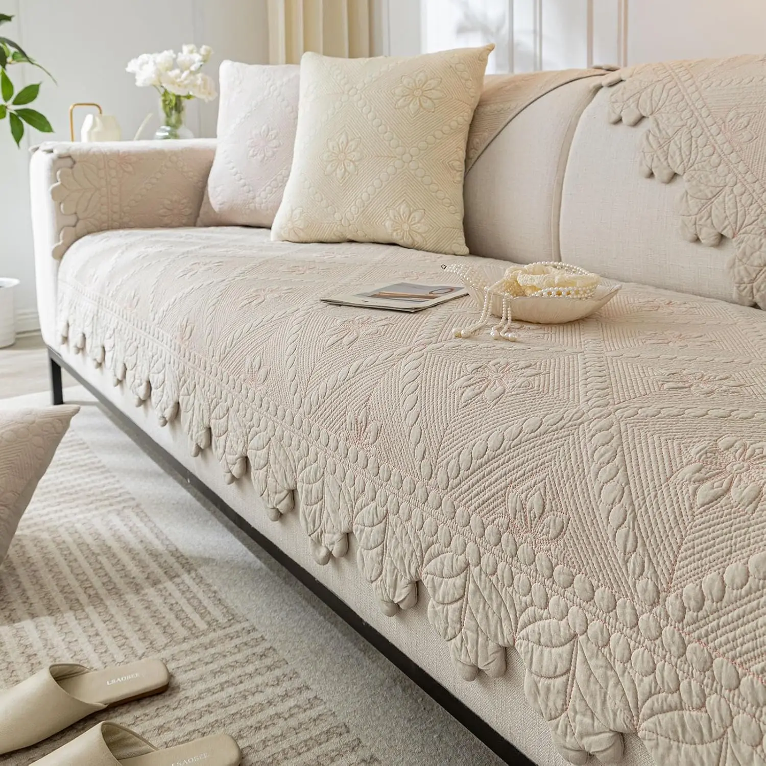 Cotton Quilted Dog Couch Cover for Sofa Farmhouse Rustic Embroidery Sectional Couch Cover Soft Anti-Slip Sofa Slipcover Furniture Protector for Kids, Pets 27.6"D x 70.9"W x 1"H)